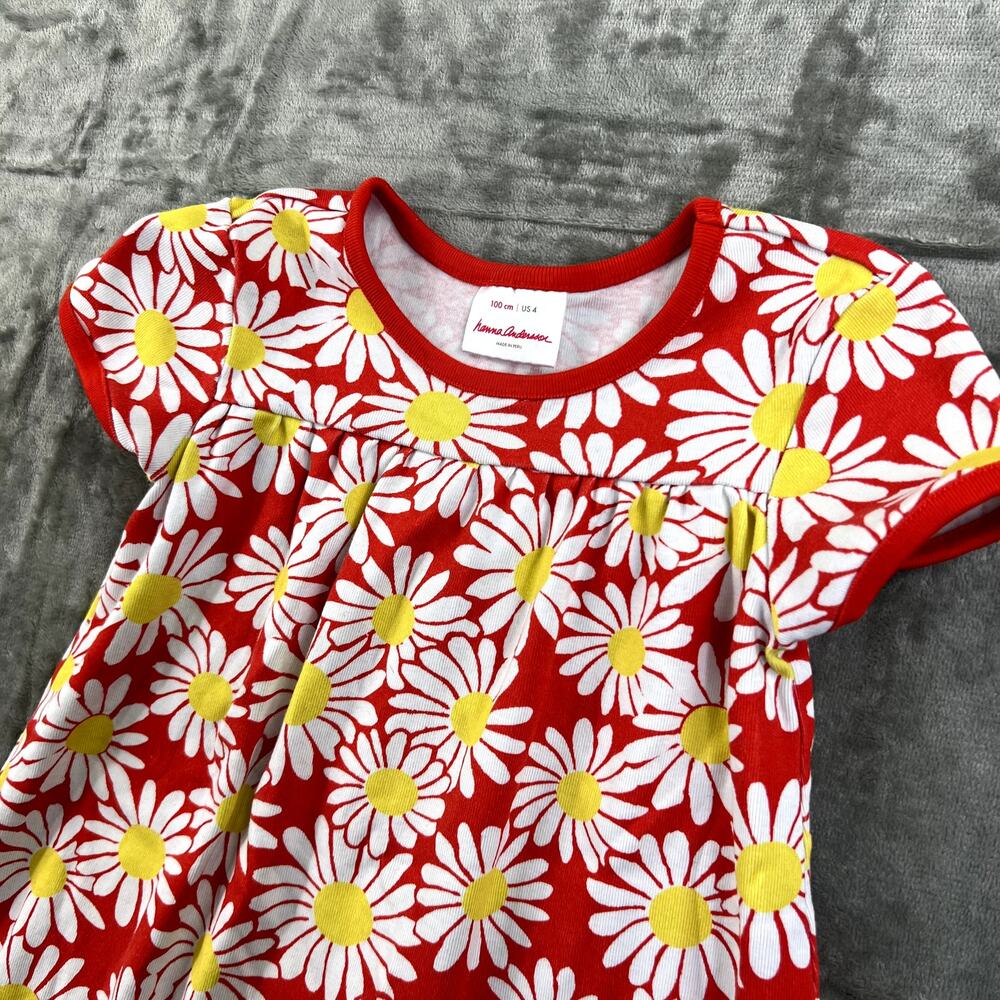 Hanna Anderson Red Allover Daisy Print Dress Kid's Size US 4 100% Cotton - Picture 2 of 5